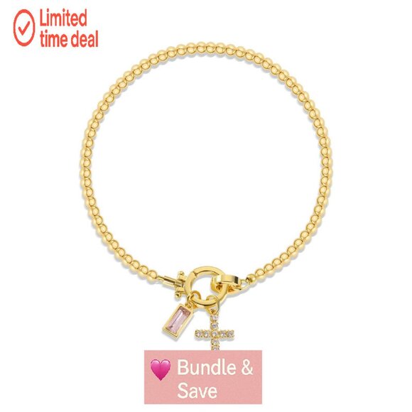 Gold Beaded Stretch Bracelet with Cross Charm & Birthstone, 9.45" - Picture 1 of 8